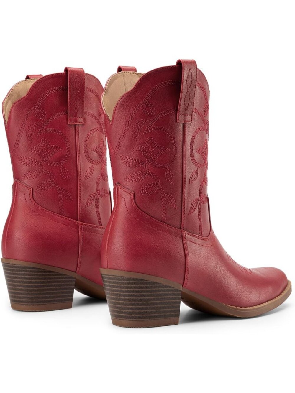 Women's Red Ankle Boots Square Toe Low Chunky Heel Embroidery Western Booties - Picture 6 of 6